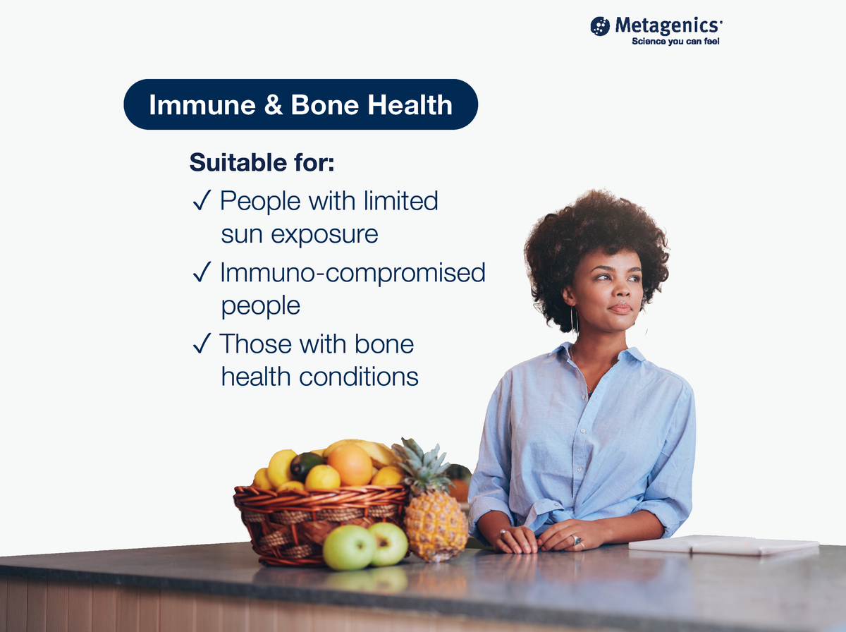 Information about immune and bone health support with D3 1000 and healthy lifestyle imagery