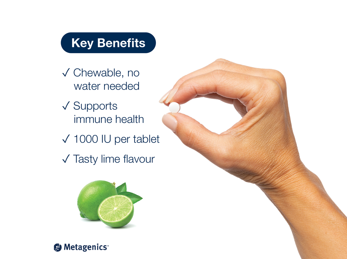 Hand holding a D3 1000 microtablet beside key product benefits and Metagenics branding