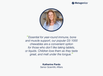Customer review for D3 1000 with testimonial text and Metagenics branding
