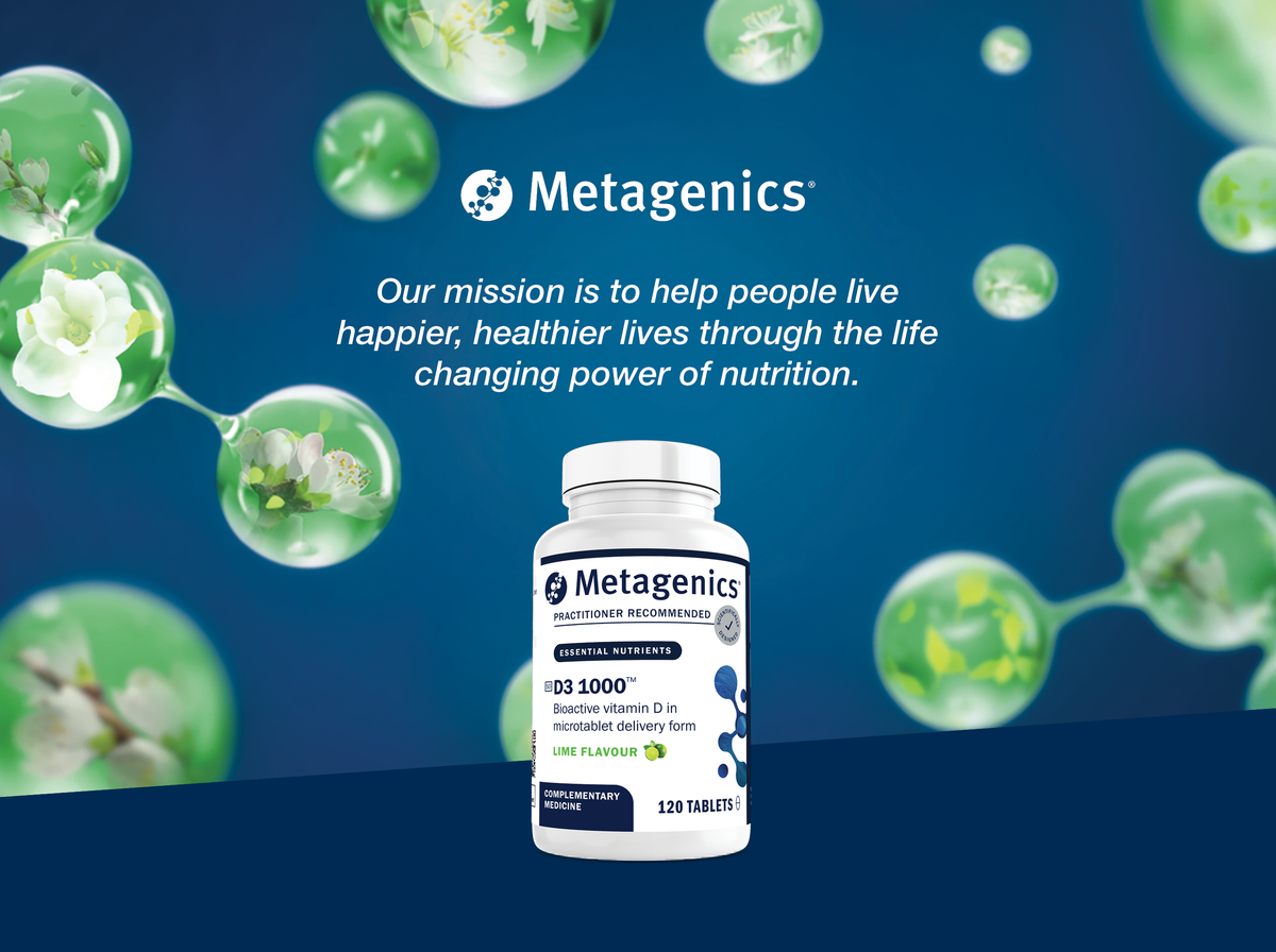 Metagenics D3 1000 supplement bottle displayed with the Metagenics mission to help people live happier and healthier lives through the life-changing power of nutrition
