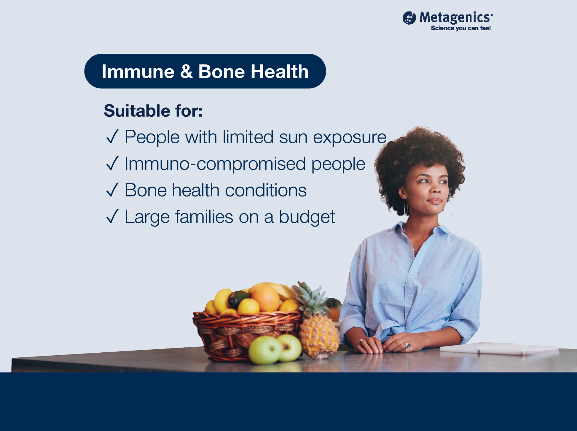 Information about immune and bone health support with D3 Liquid and healthy lifestyle imagery