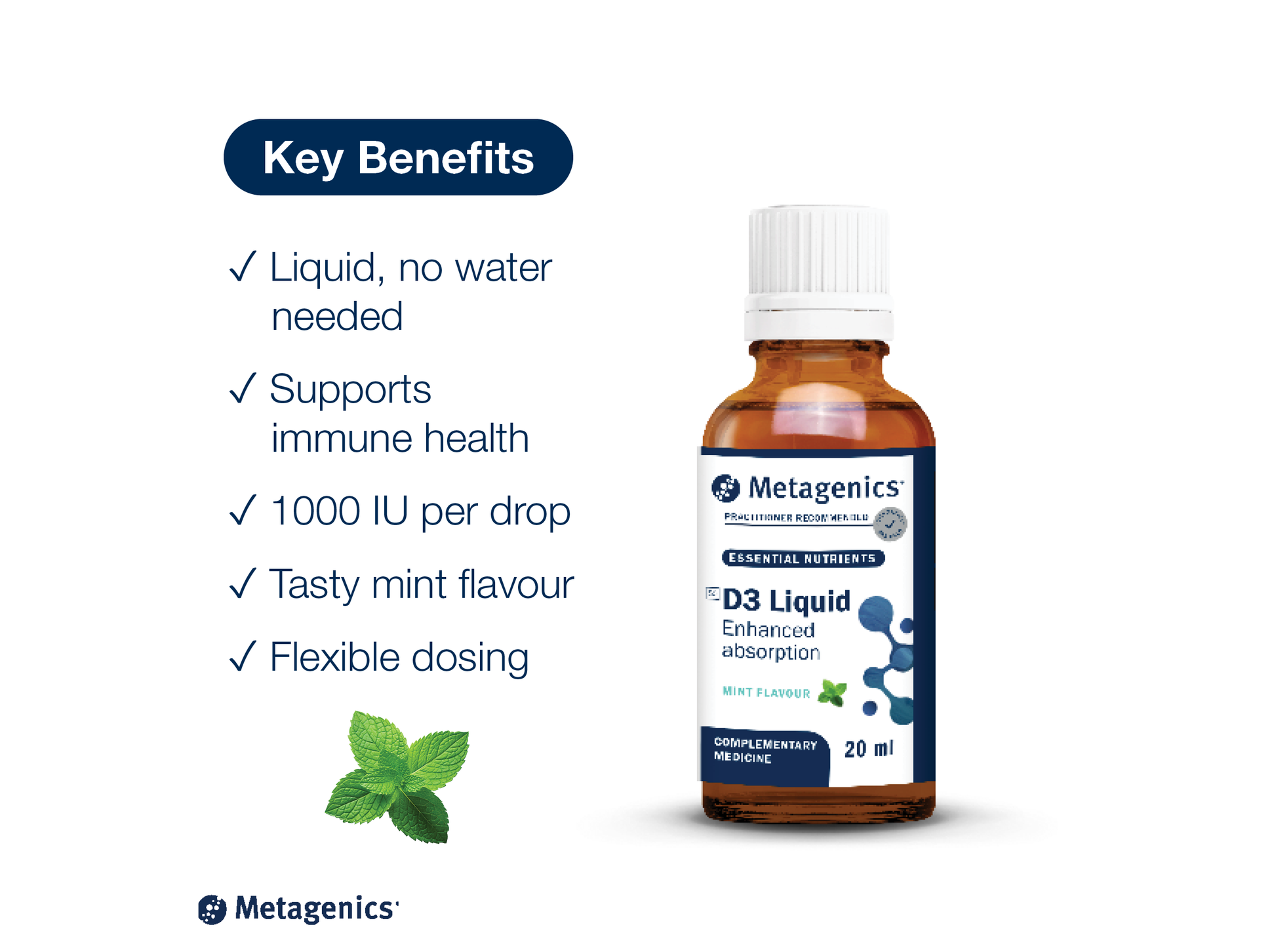 D3 Liquid bottle displayed beside key product benefits including immune, bone and overall health support