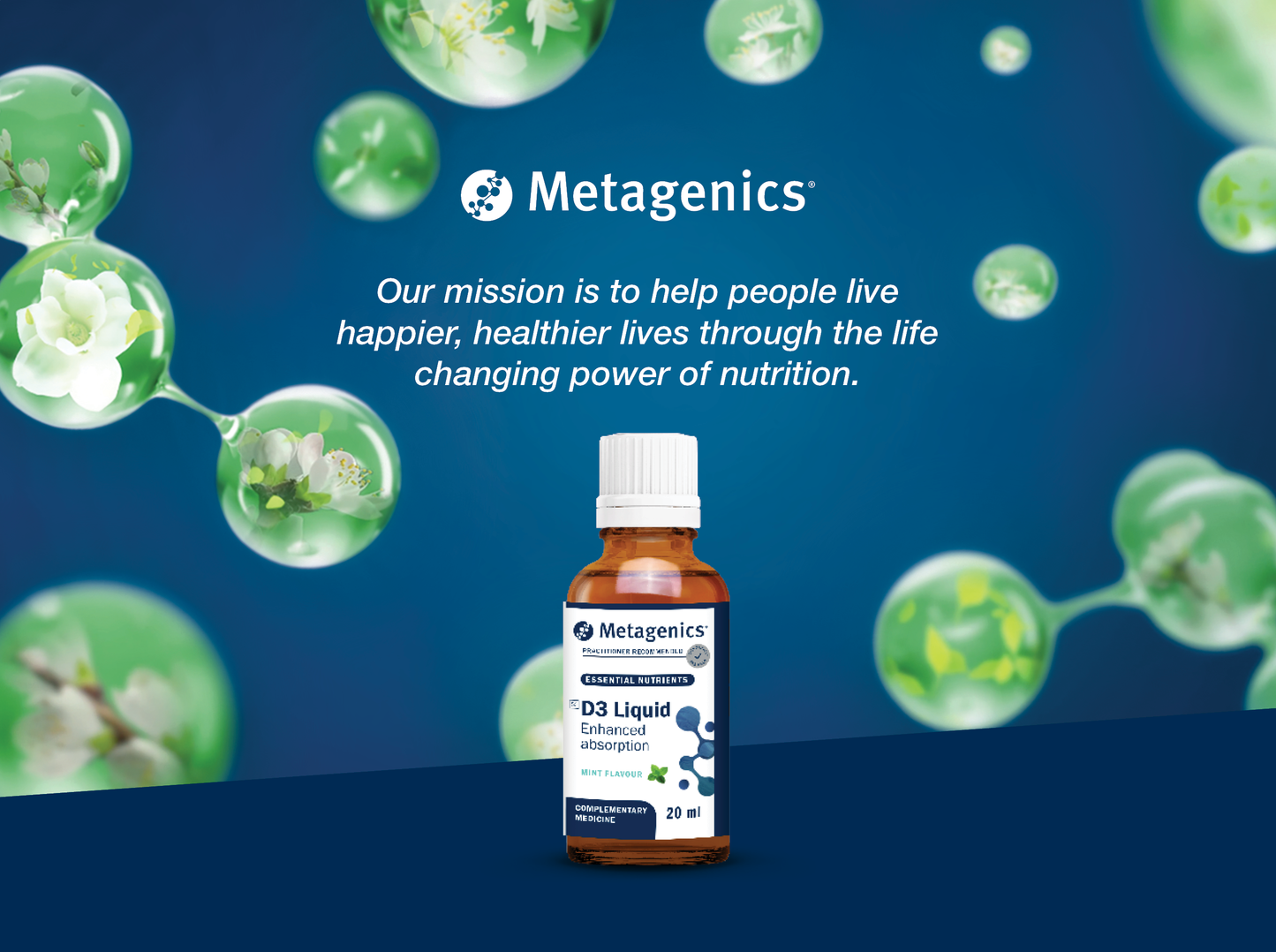 Metagenics D3 Liquid supplement bottle displayed with the Metagenics mission to help people live happier and healthier lives through the life-changing power of nutrition
