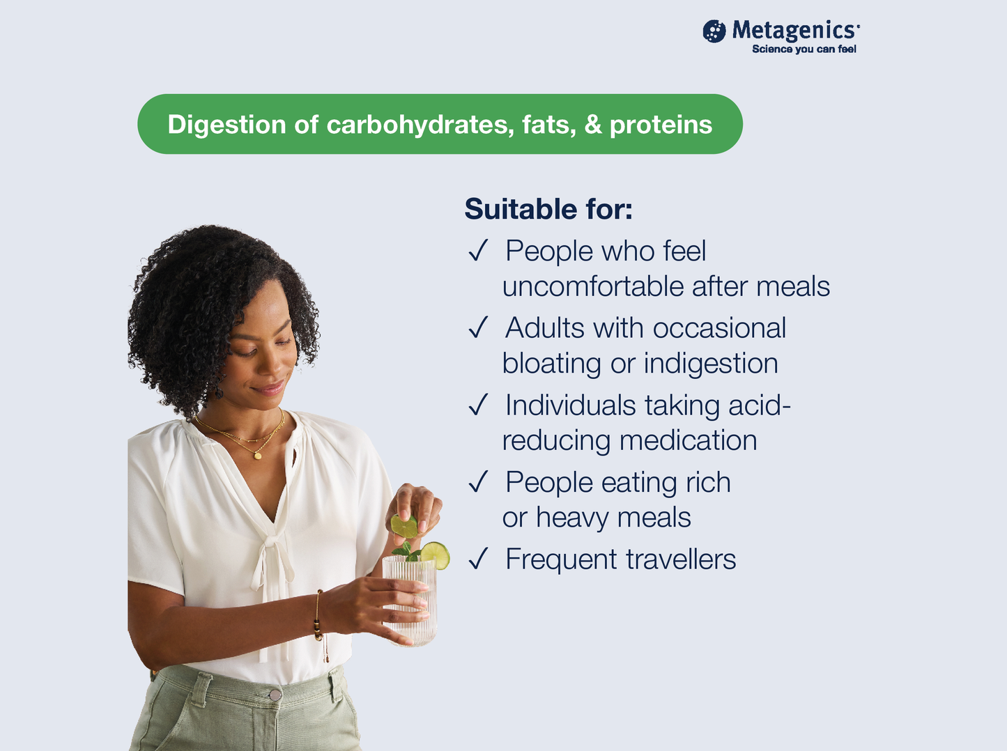 Information about digestion of carbohydrates, fats and proteins with DigestiZyme+ and lifestyle imagery