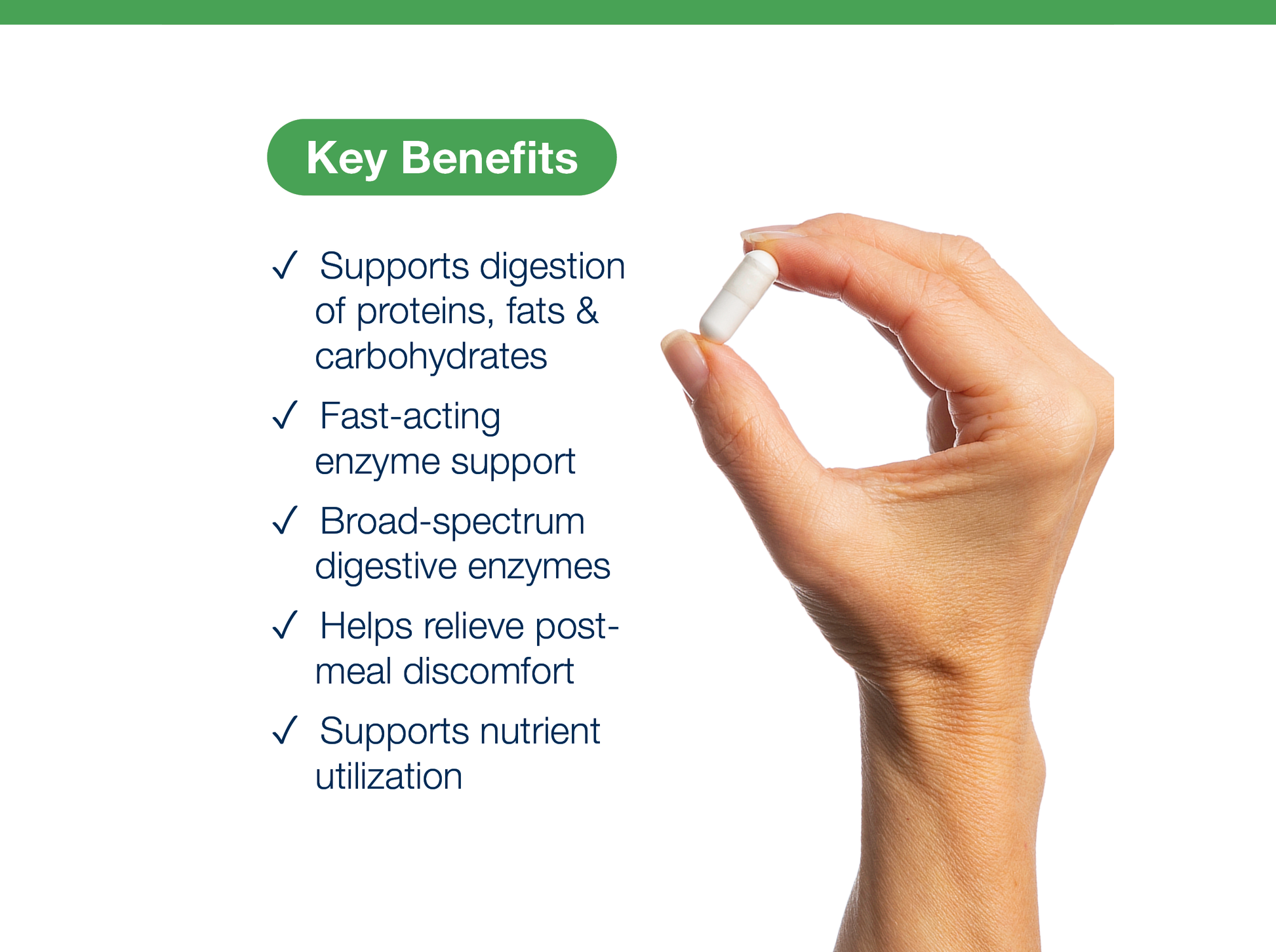 Hand holding a DigestiZyme+ capsule beside key product benefits and Metagenics branding