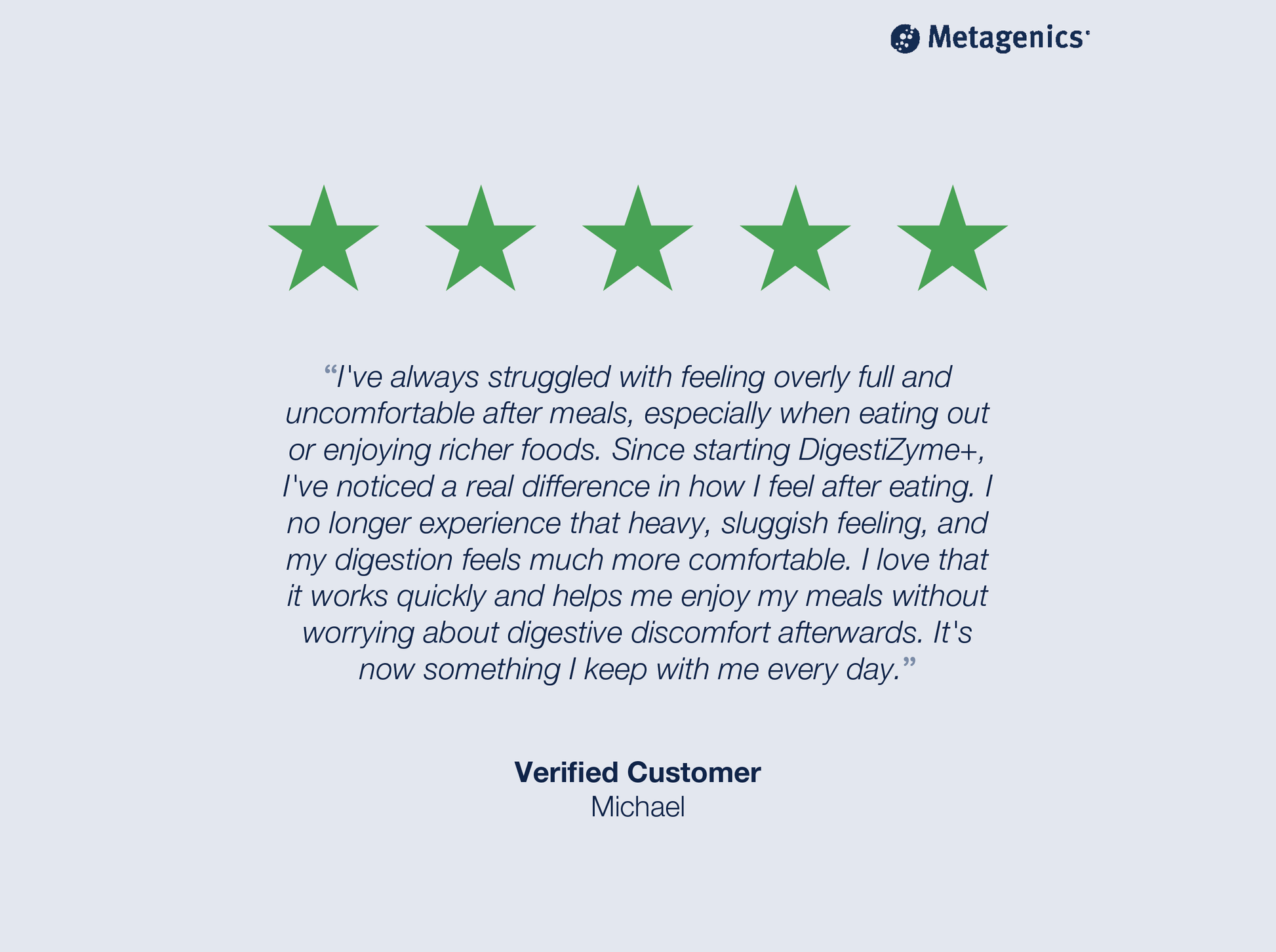 Five-star customer review for DigestiZyme+ with testimonial text and Metagenics branding