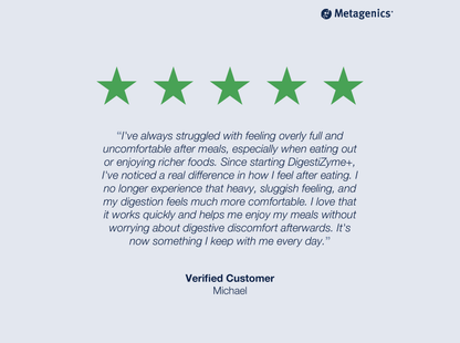 Five-star customer review for DigestiZyme+ with testimonial text and Metagenics branding