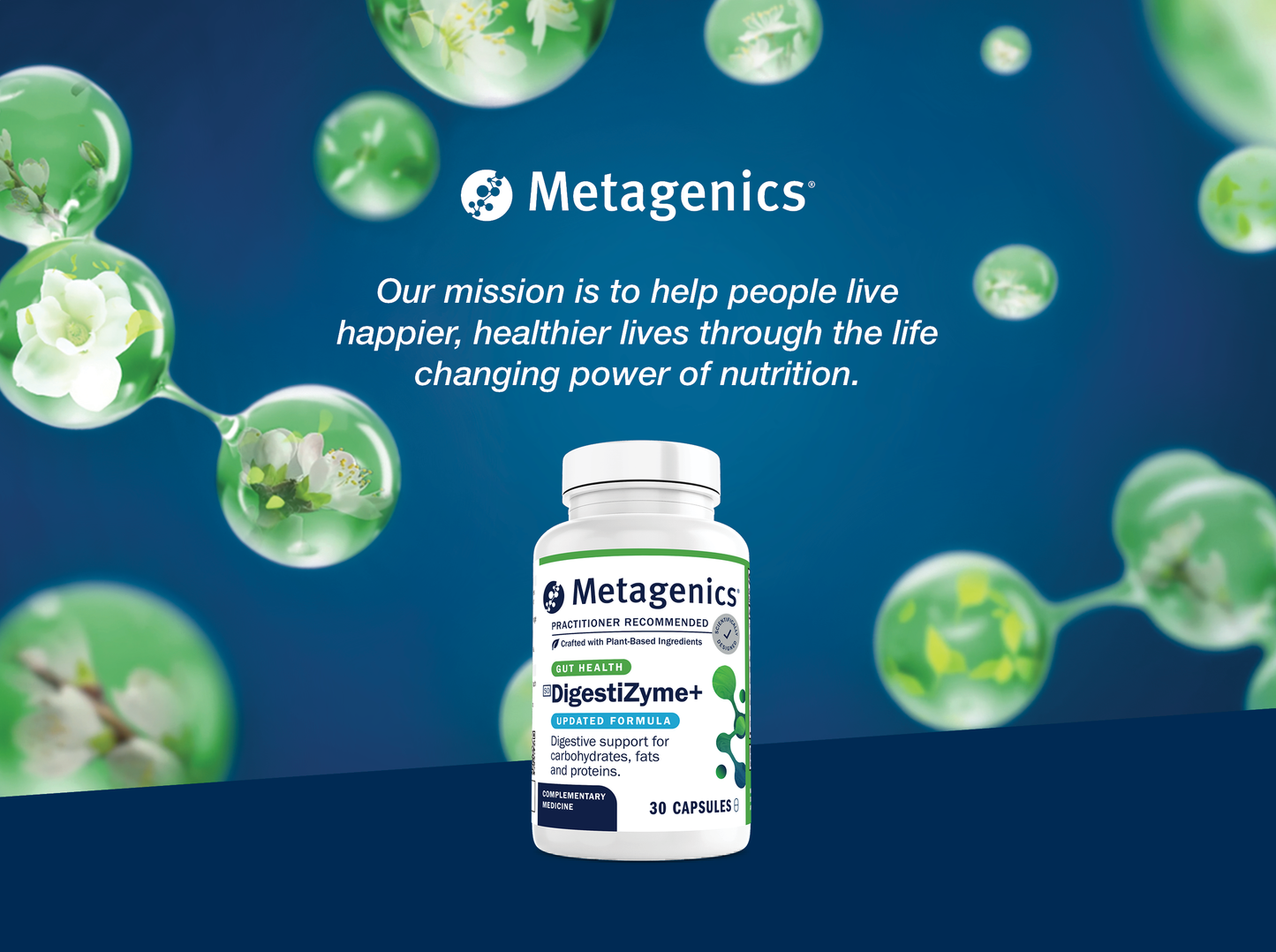 Metagenics DigestiZyme+ supplement bottle displayed with the Metagenics mission to help people live happier and healthier lives through the life-changing power of nutrition