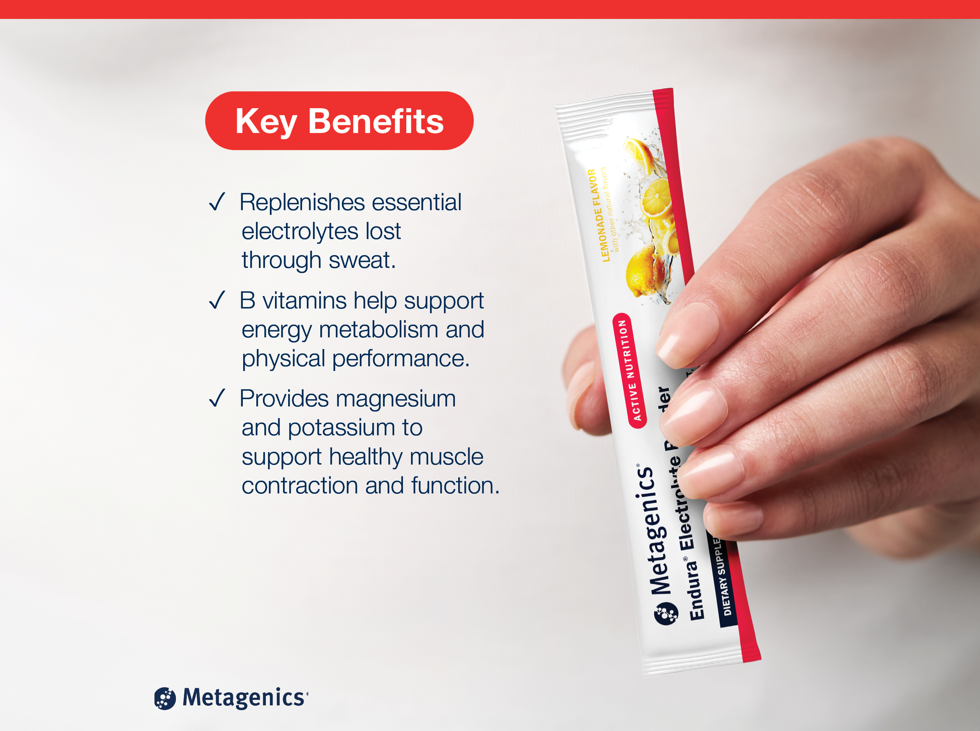 Hand holding an Endura Electrolyte Powder sachet beside key product benefits and Metagenics branding