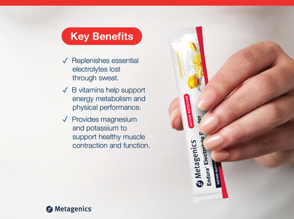 Hand holding an Endura Electrolyte Powder sachet beside key product benefits and Metagenics branding