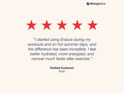 Five-star customer review for Endura Electrolyte Powder with testimonial text and Metagenics branding
