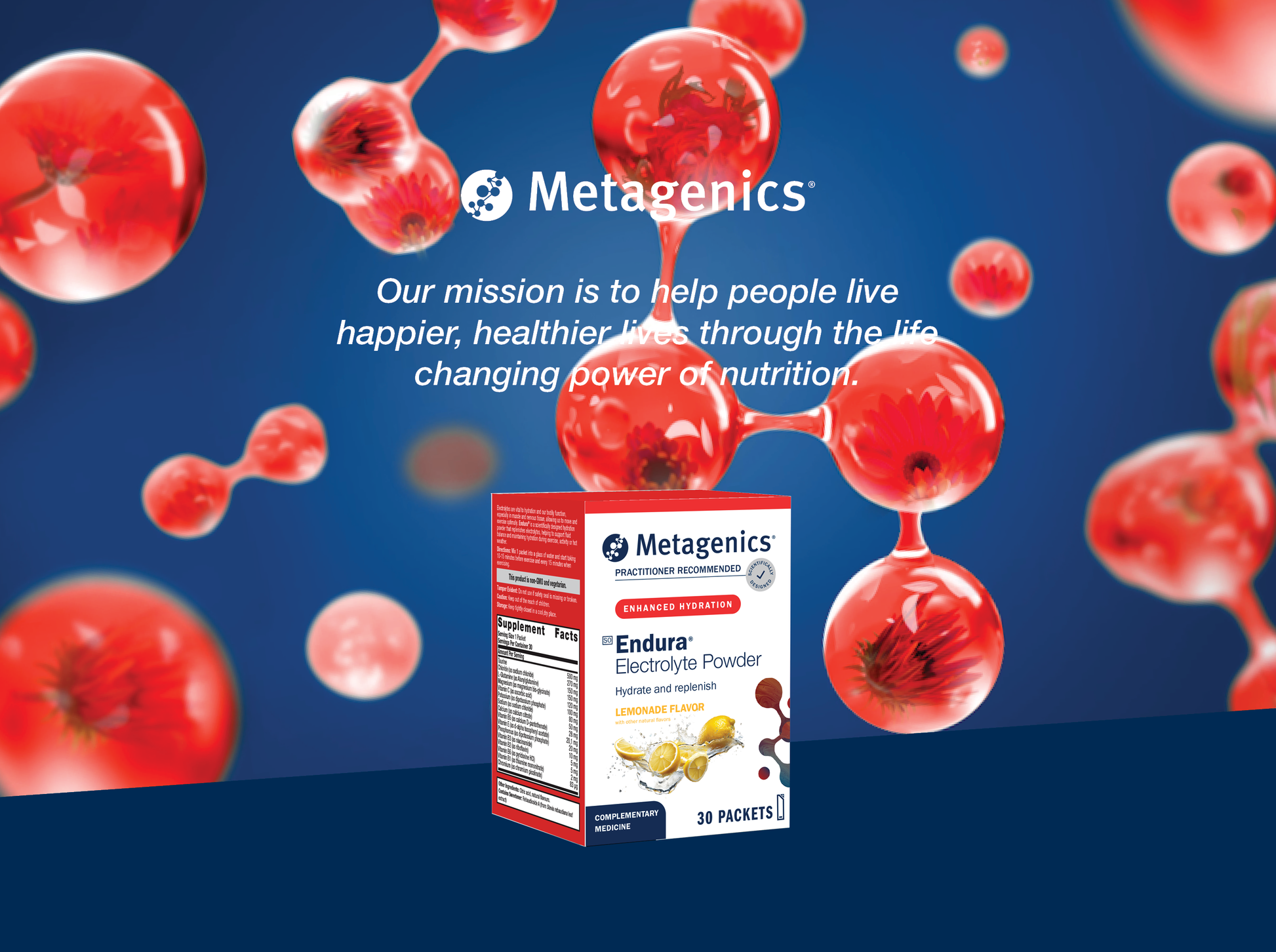 Metagenics Endura Electrolyte Powder displayed with the Metagenics mission to help people live happier and healthier lives through the life-changing power of nutrition