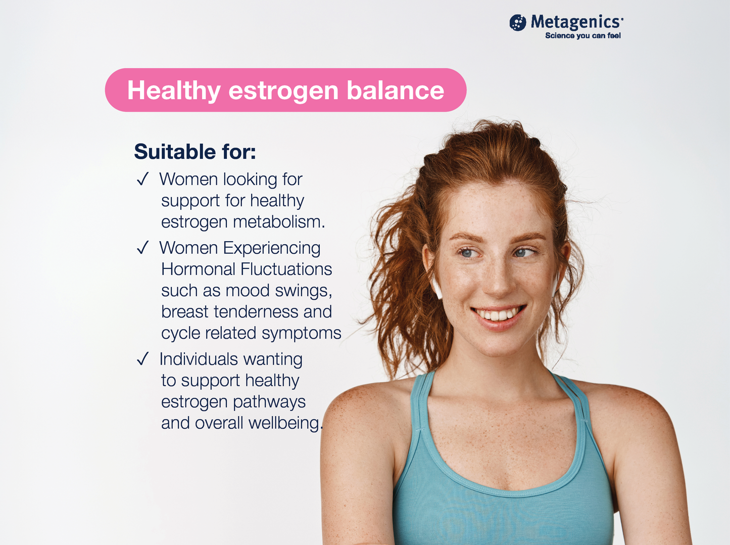 Information about healthy estrogen balance support with EstroFactors and lifestyle imagery