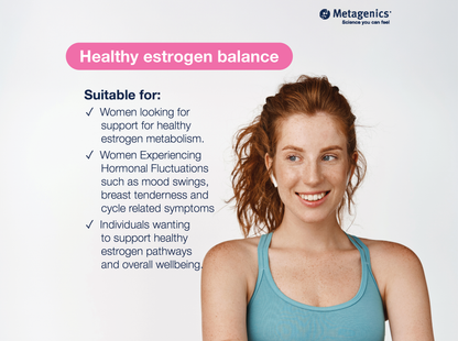 Information about healthy estrogen balance support with EstroFactors and lifestyle imagery