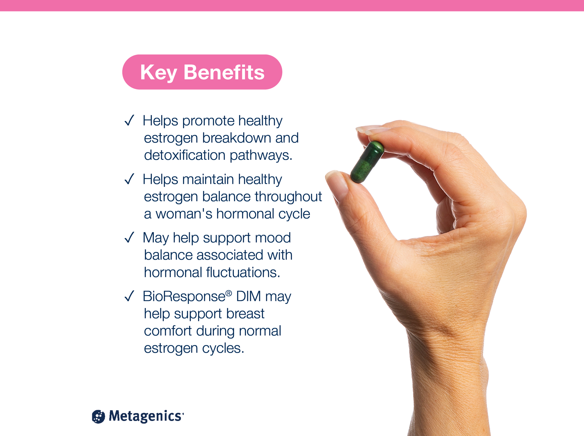 Hand holding an EstroFactors capsule beside key product benefits and Metagenics branding