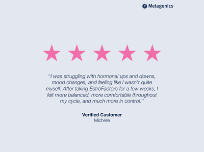 Five-star customer review for EstroFactors with testimonial text and Metagenics branding