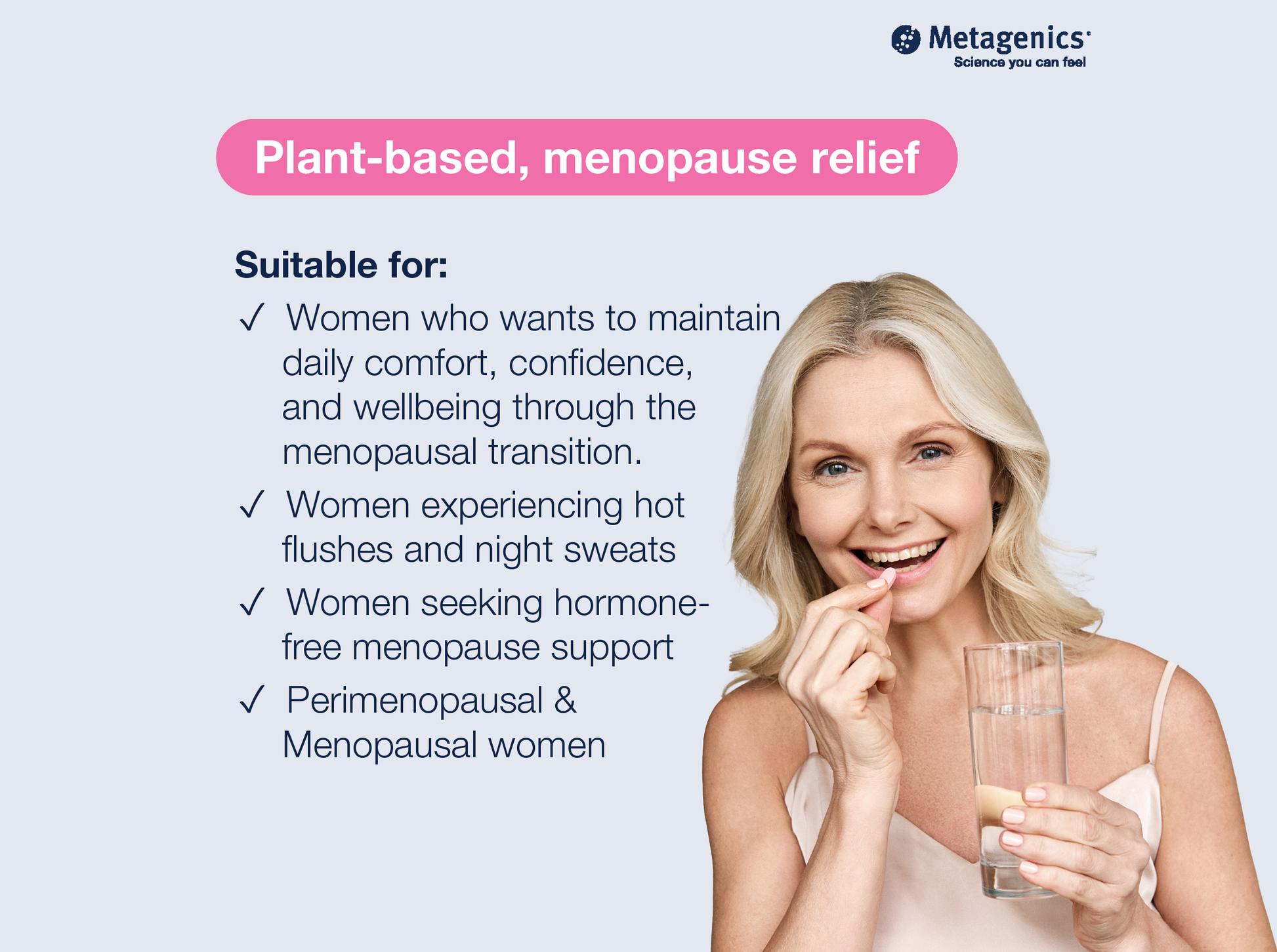 Information about plant-based menopause relief support with Estrovera and lifestyle imagery