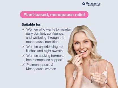 Information about plant-based menopause relief support with Estrovera and lifestyle imagery