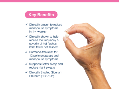Hand holding an Estrovera tablet beside key product benefits and Metagenics branding