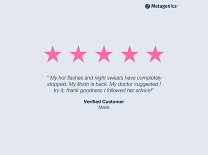 Five-star customer review for Estrovera with testimonial text and Metagenics branding