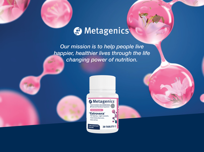 Metagenics Estrovera supplement bottle displayed with the Metagenics mission to help people live happier and healthier lives through the life-changing power of nutrition