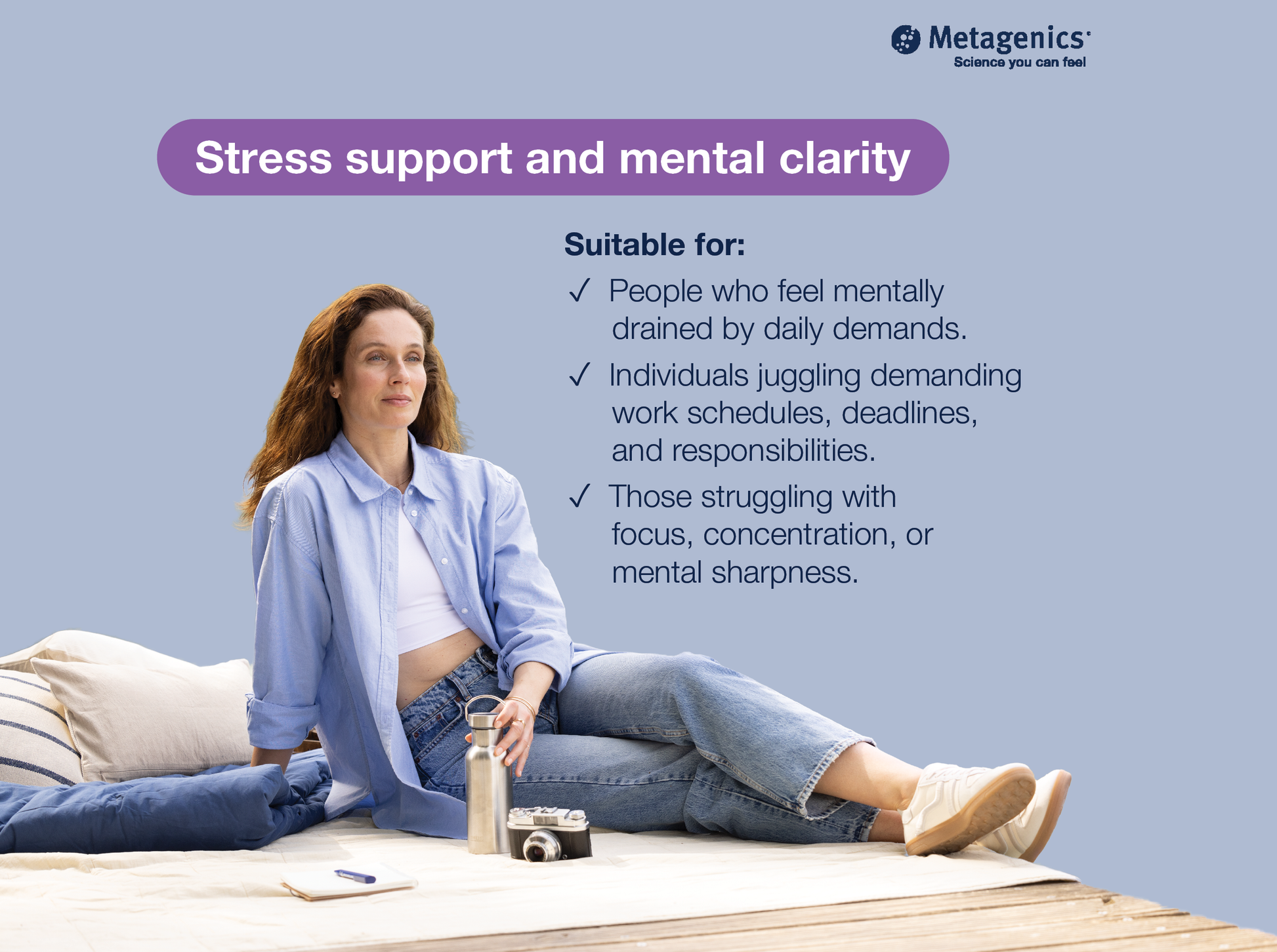 Information about stress support and mental clarity with Exhilarin and lifestyle imagery