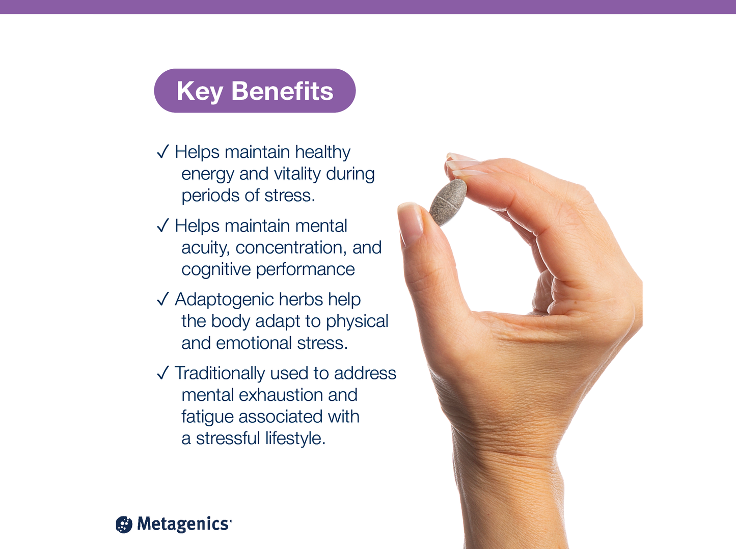 Hand holding an Exhilarin tablet beside key product benefits and Metagenics branding