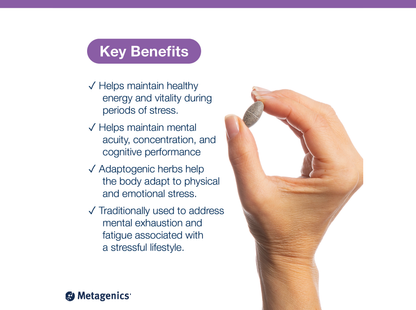 Hand holding an Exhilarin tablet beside key product benefits and Metagenics branding