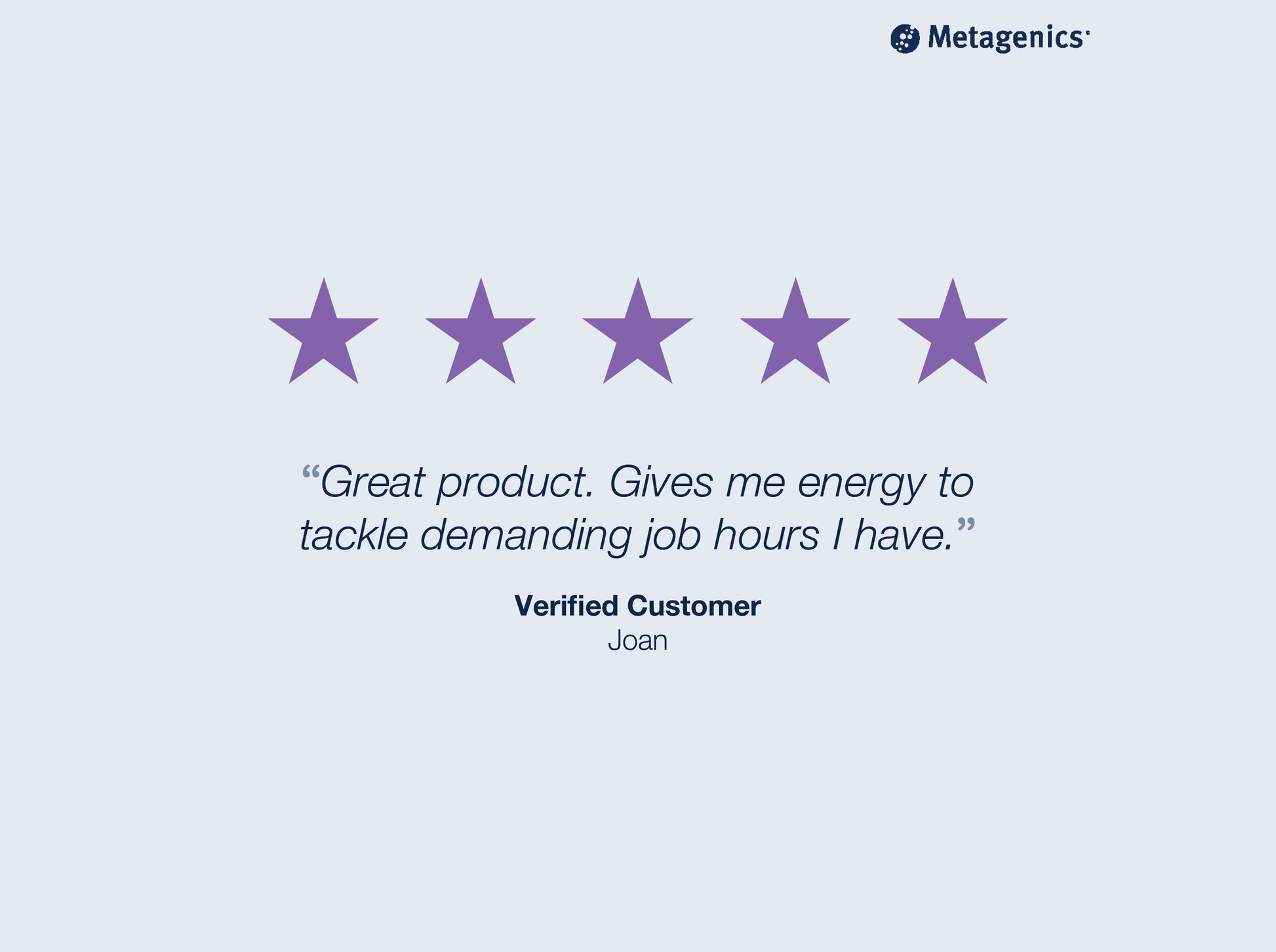 Five-star customer review for Exhilarin with testimonial text and Metagenics branding