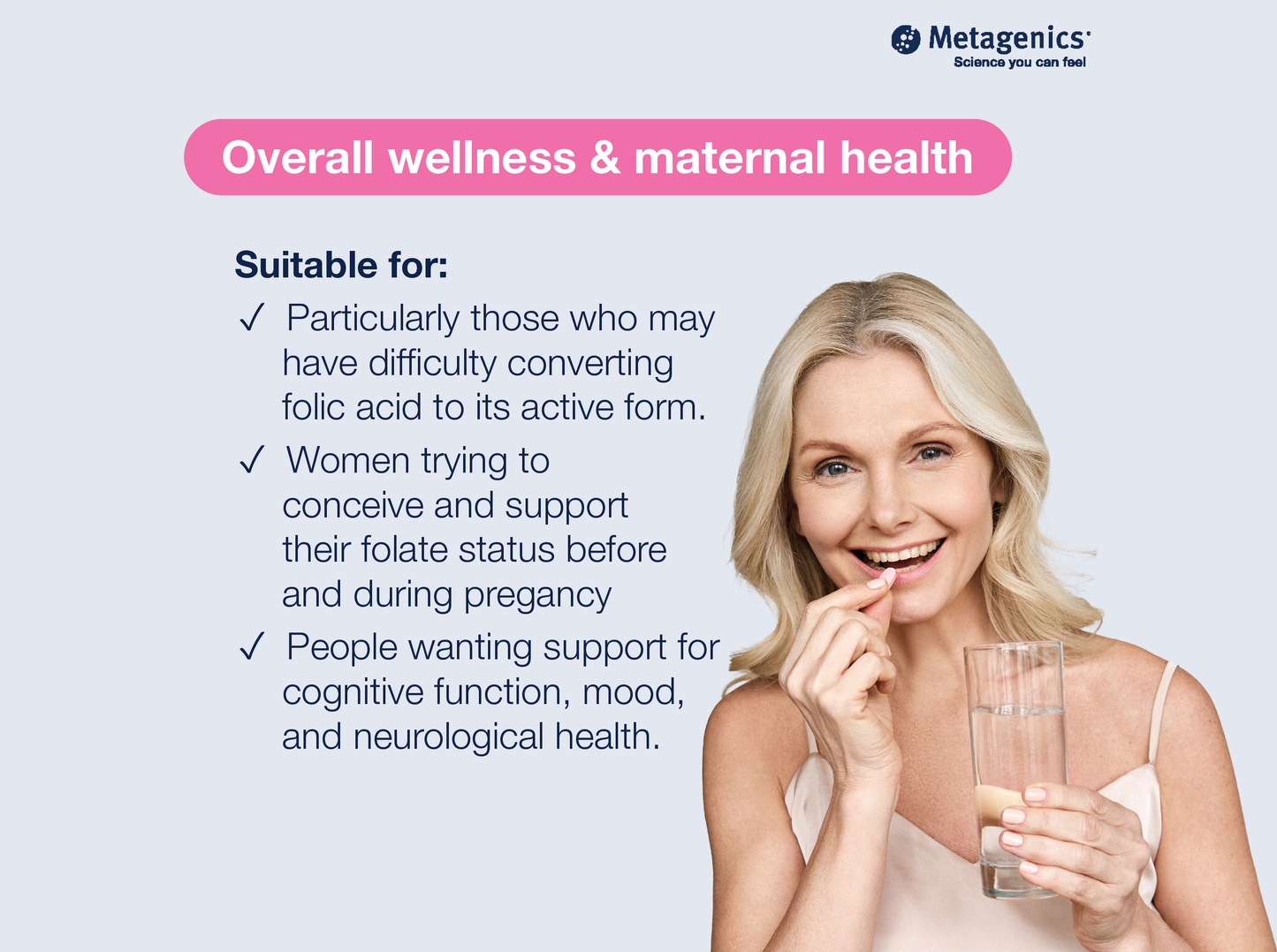 Information about overall wellness and maternal health support with FolaPro Plus and lifestyle imagery