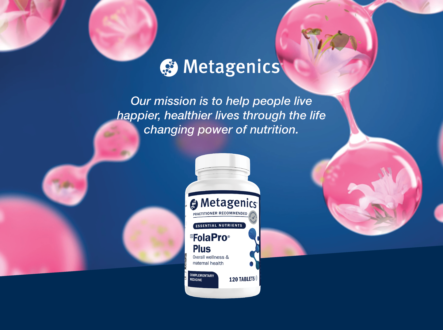Metagenics FolaPro Plus supplement bottle displayed with the Metagenics mission to help people live happier and healthier lives through the life-changing power of nutrition