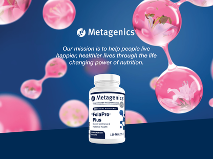Metagenics FolaPro Plus supplement bottle displayed with the Metagenics mission to help people live happier and healthier lives through the life-changing power of nutrition