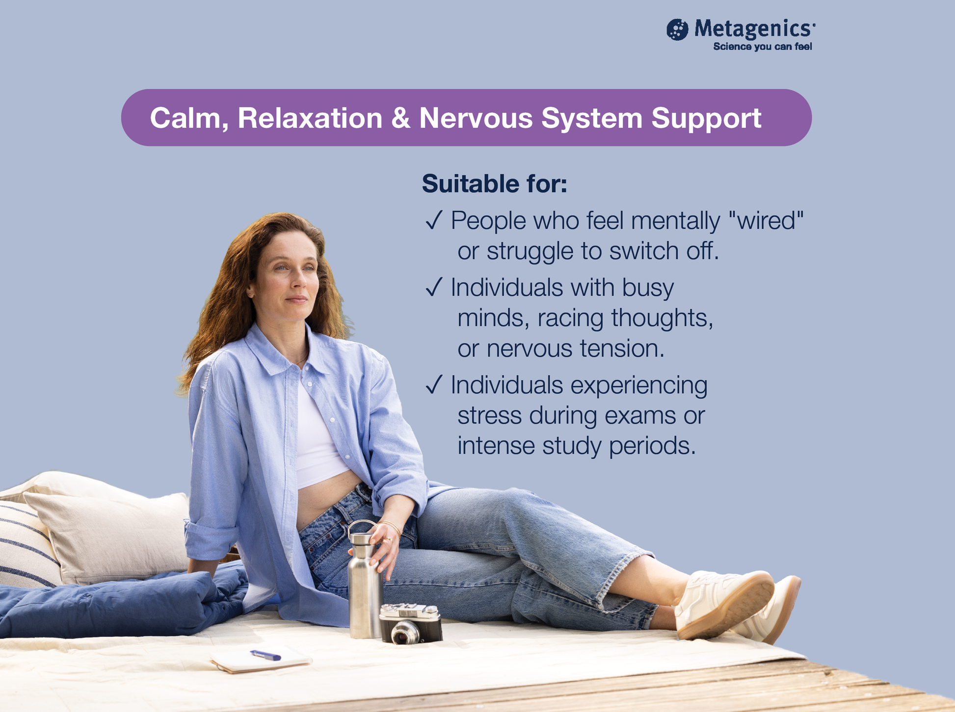 Information about calmness, relaxation and nervous system support with GABA 500 mg and lifestyle imagery