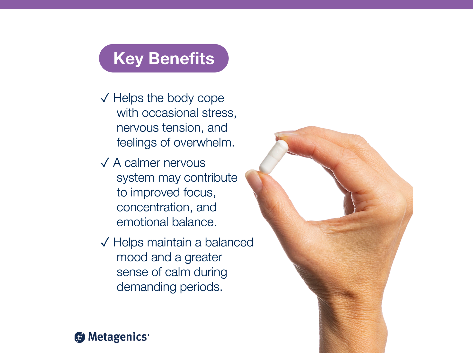 Hand holding a GABA 500 mg capsule beside key product benefits and Metagenics branding