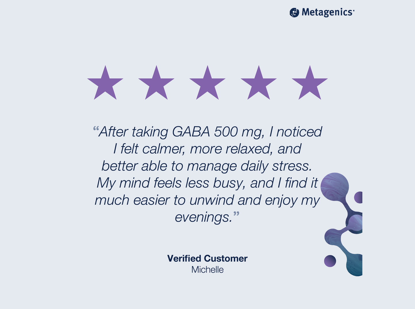 Five-star customer review for GABA 500 mg with testimonial text and Metagenics branding