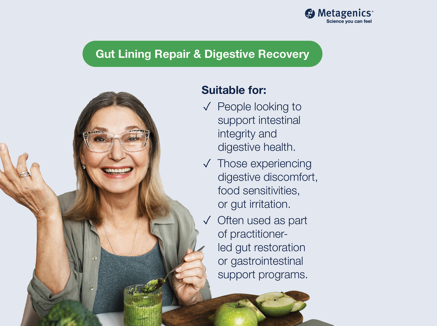 Information about gut lining health and digestive recovery support with GI Sustain and lifestyle imagery