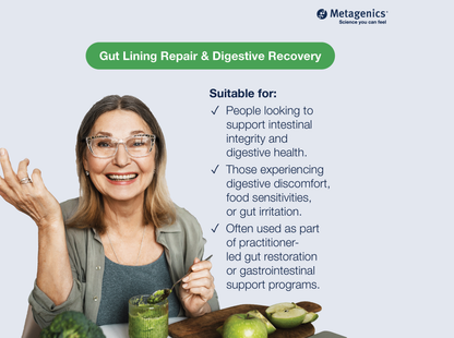 Information about gut lining health and digestive recovery support with GI Sustain and lifestyle imagery