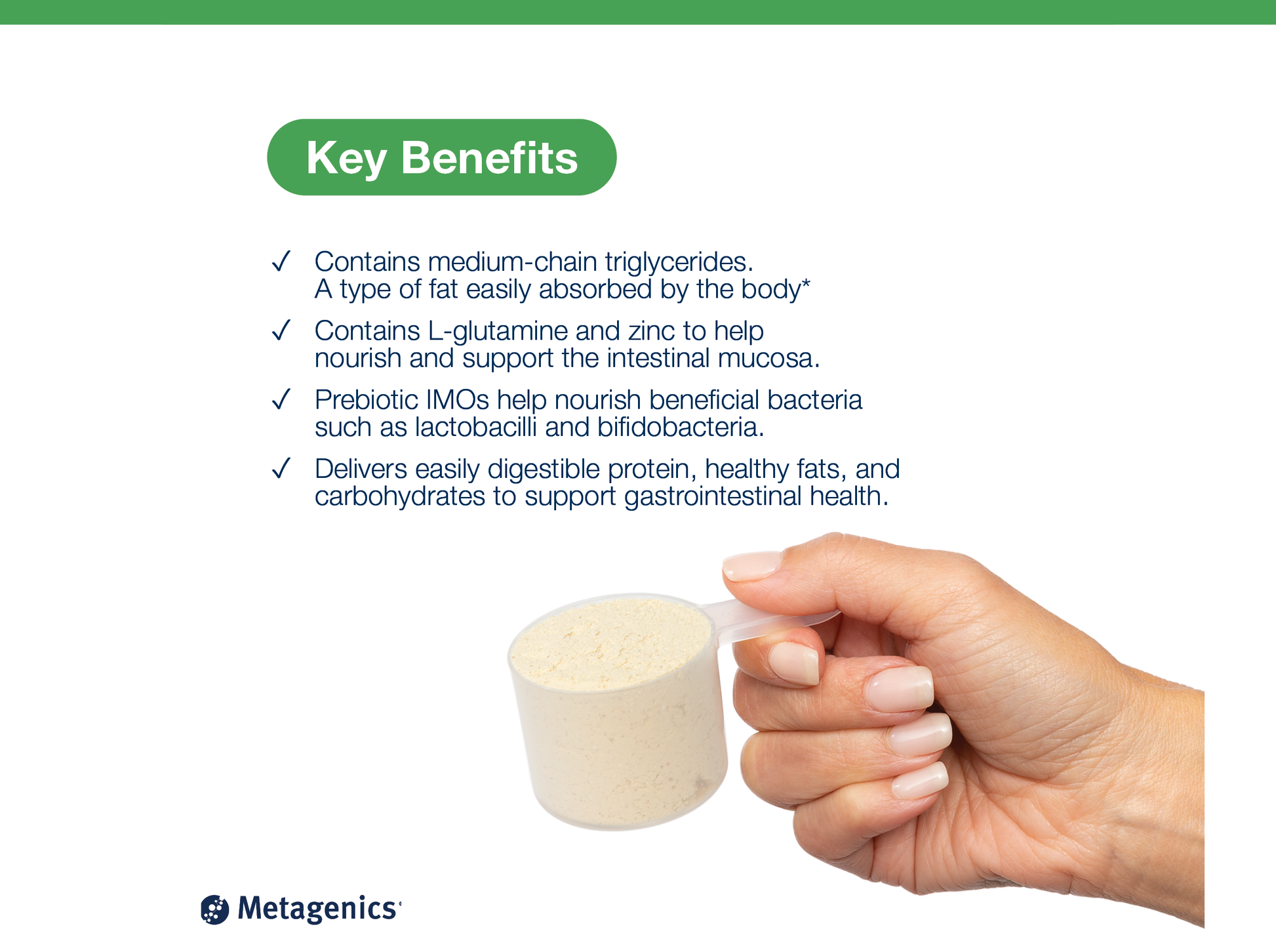 Hand holding a scoop of GI Sustain powder beside key product benefits and Metagenics branding