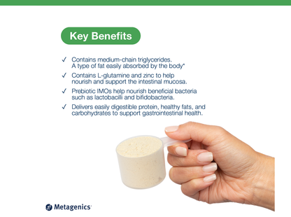 Hand holding a scoop of GI Sustain powder beside key product benefits and Metagenics branding