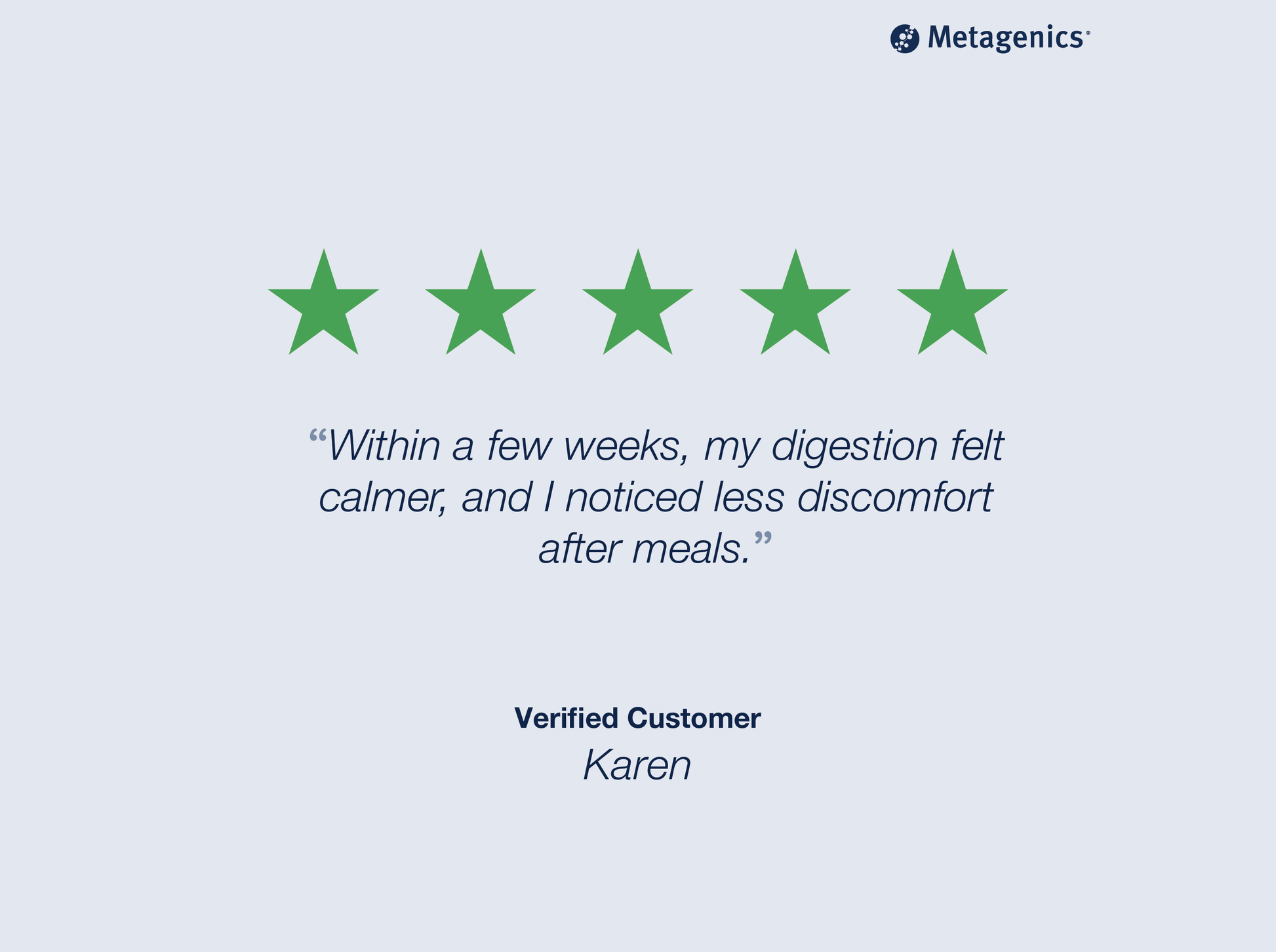 Five-star customer review for GI Sustain with testimonial text and Metagenics branding