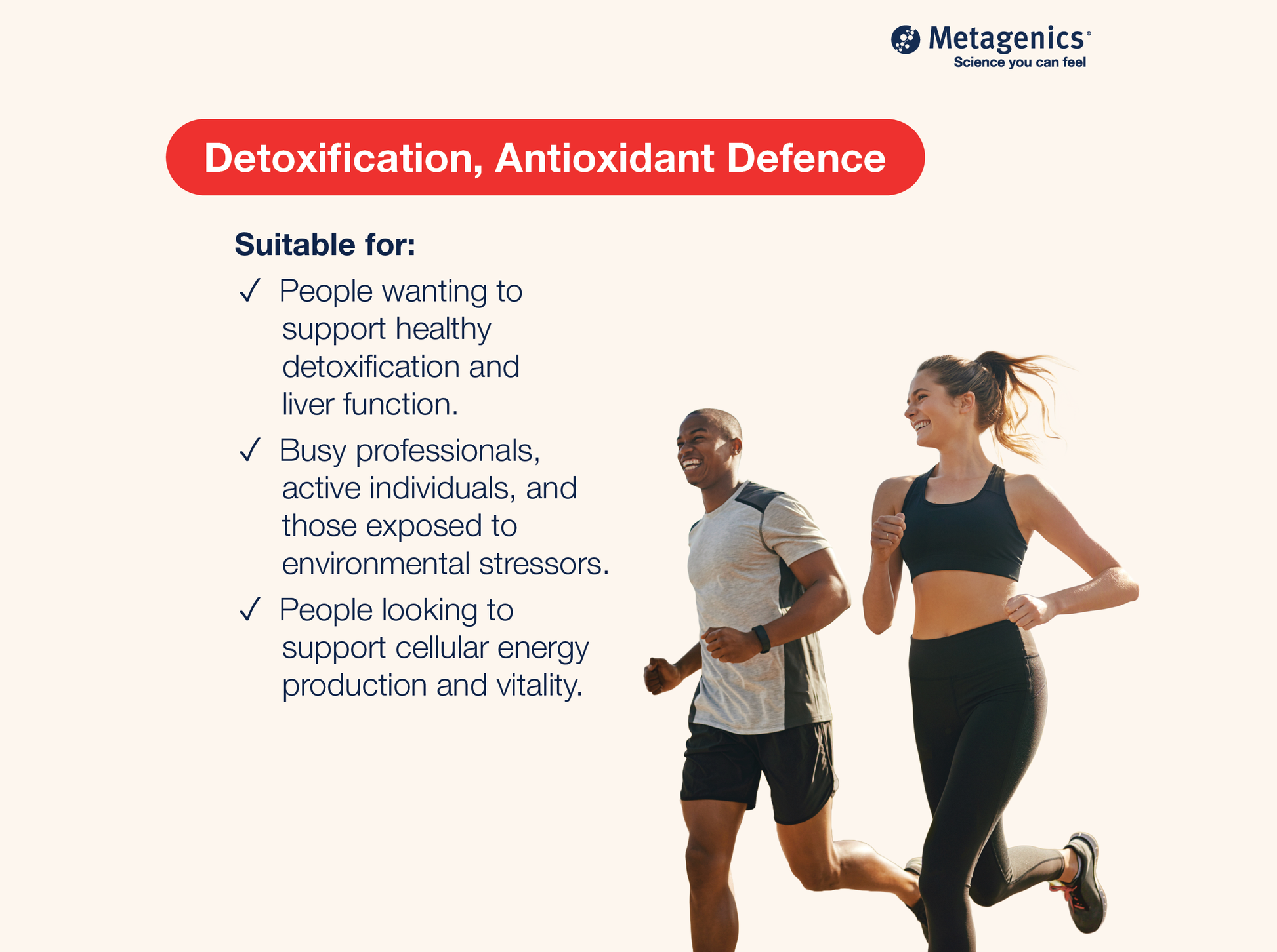 Information about antioxidant defence and detoxification support with GlutaClear and active lifestyle imagery