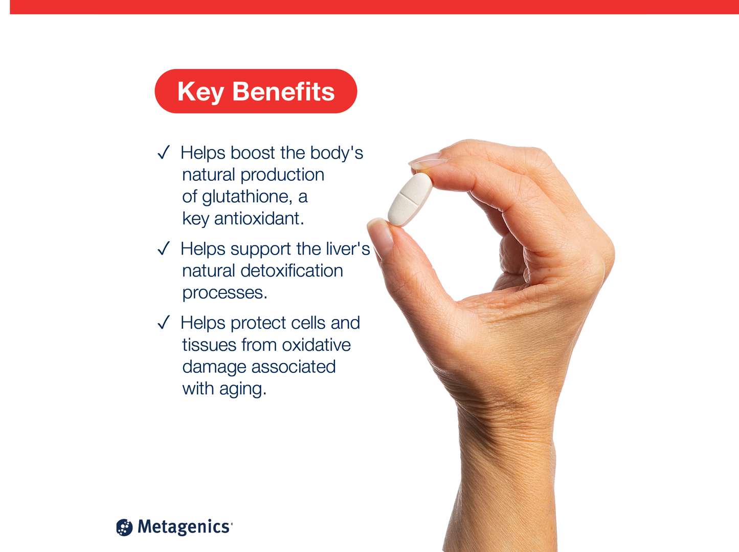 Hand holding a GlutaClear tablet beside key product benefits and Metagenics branding