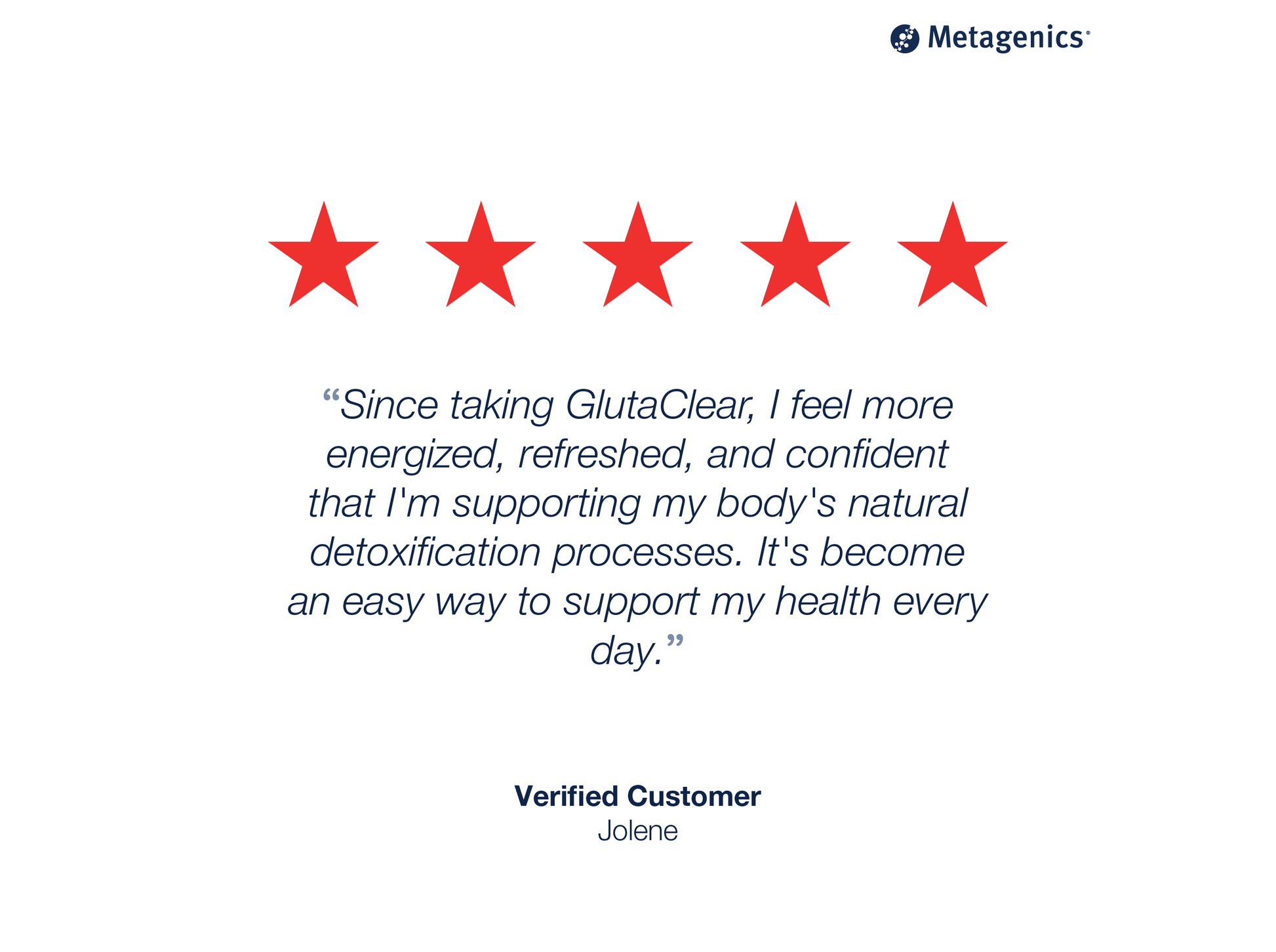 Five-star customer review for GlutaClear with testimonial text and Metagenics branding