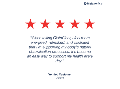 Five-star customer review for GlutaClear with testimonial text and Metagenics branding