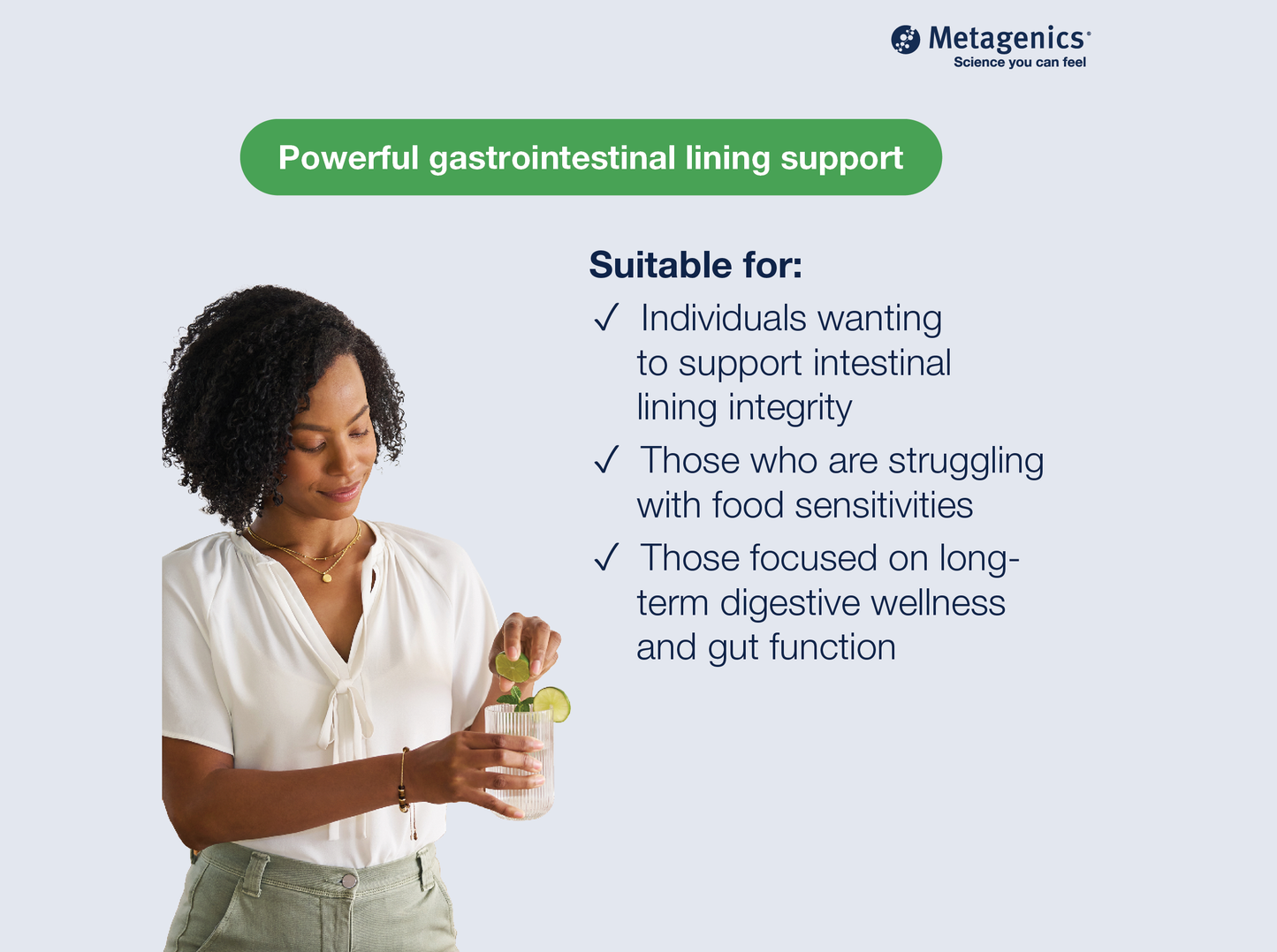 Information about gastrointestinal lining support with Glutagenics and lifestyle imagery