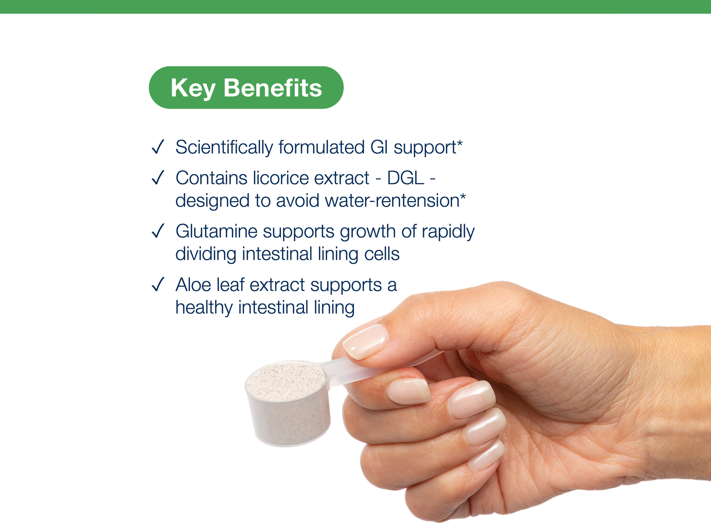Hand holding a scoop of Glutagenics powder beside key product benefits and Metagenics branding