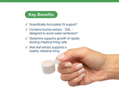 Hand holding a scoop of Glutagenics powder beside key product benefits and Metagenics branding