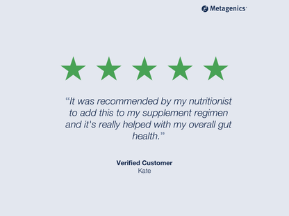 Five-star customer review for Glutagenics with testimonial text and Metagenics branding
