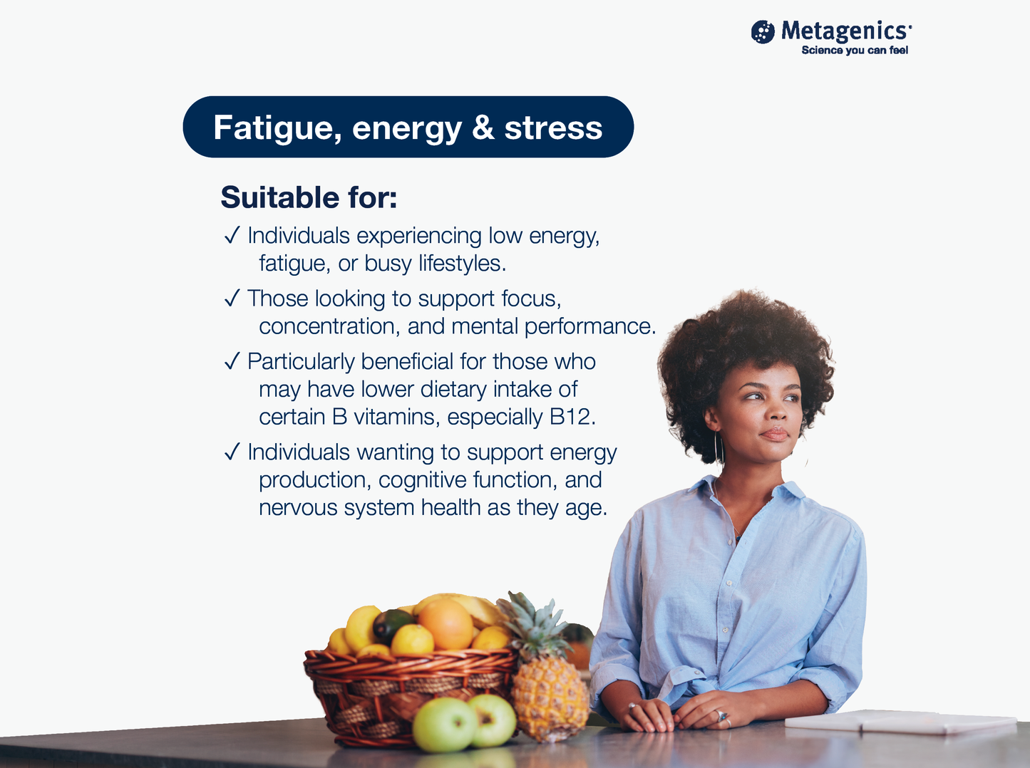 Information about fatigue, energy and stress support with Glycogenics B-Complex and lifestyle imagery