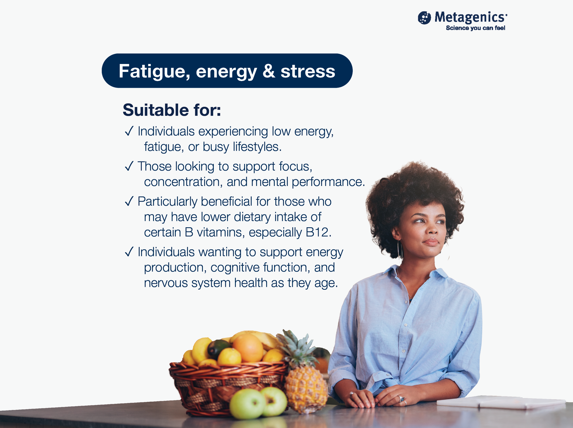 Information about fatigue, energy and stress support with Glycogenics B-Complex and lifestyle imagery